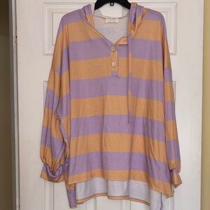 Striped Hooded Pullover in Lavender and Pale Orange, Medium, New